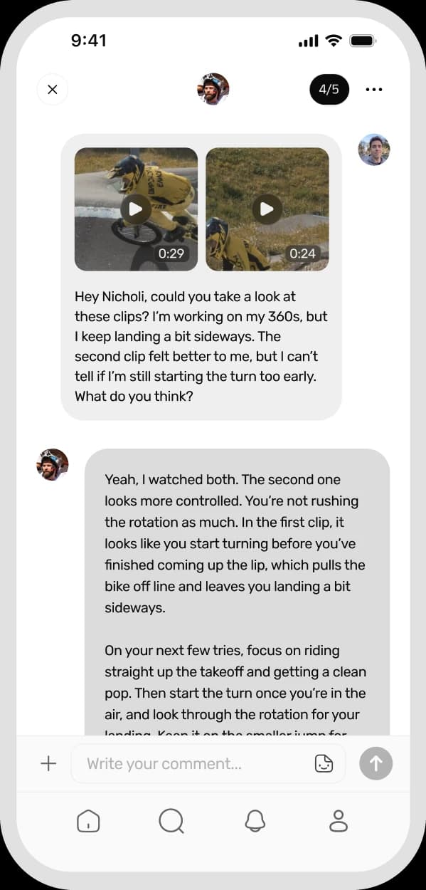A member sends two riding clips and gets feedback from Nicholi in the chat